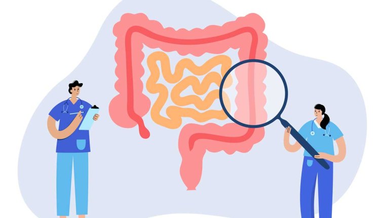 illustratie van doktoren die met een vergrootglas de dikke darm onderzoeken