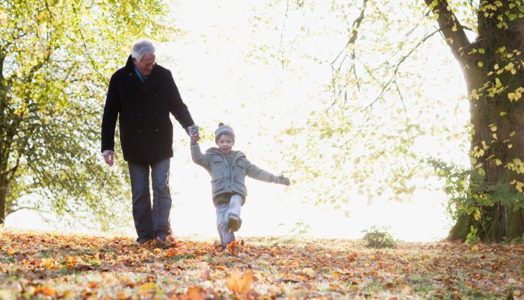 Wandelende man met zijn kleinkind in het bos