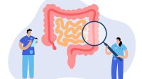illustratie van doktoren die met een vergrootglas de dikke darm onderzoeken
